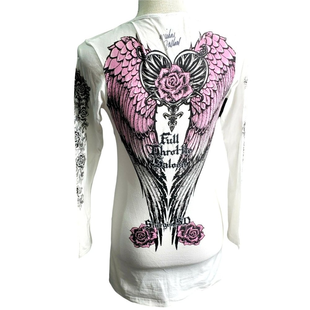 Full Throttle Saloon Signed By M Ballard Bling Long Sleeve Sturgis Biker Wings S